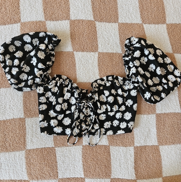 Sabo Skirt Puff Sleeve Lace-Up Corset Cropped Top Black & White Floral Small - Picture 8 of 9